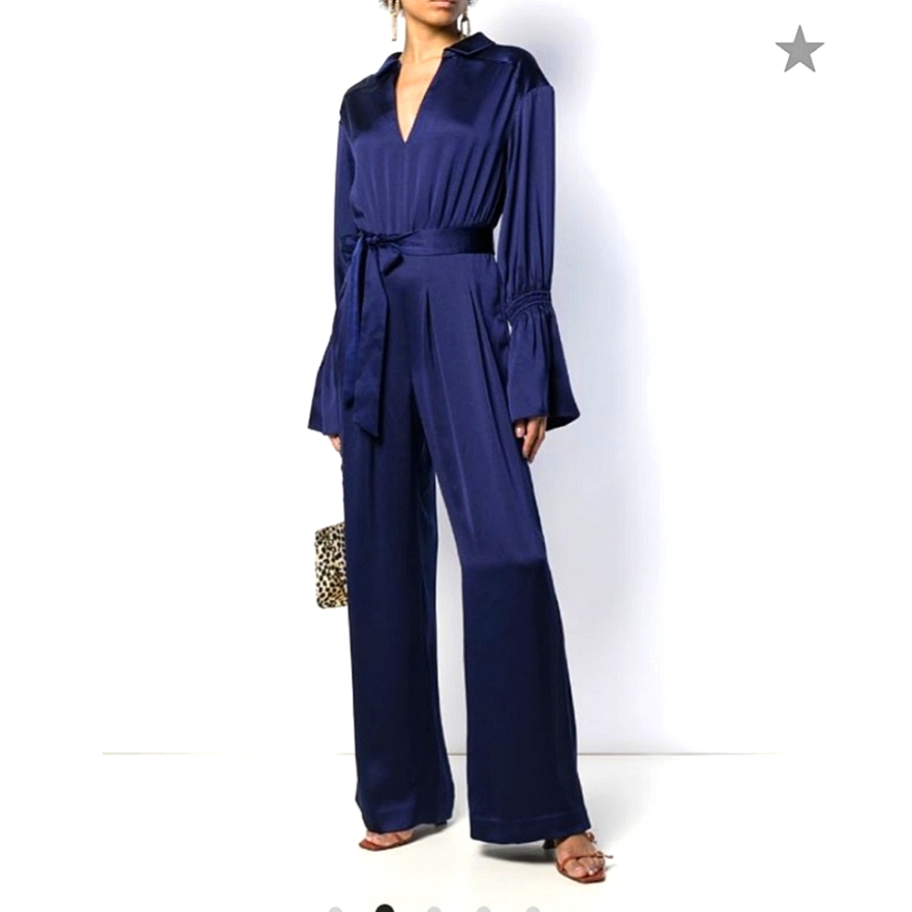 Three Floor Blue Satin Brigitte Dressy Jumpsuit Cocktail Party Dress XS
